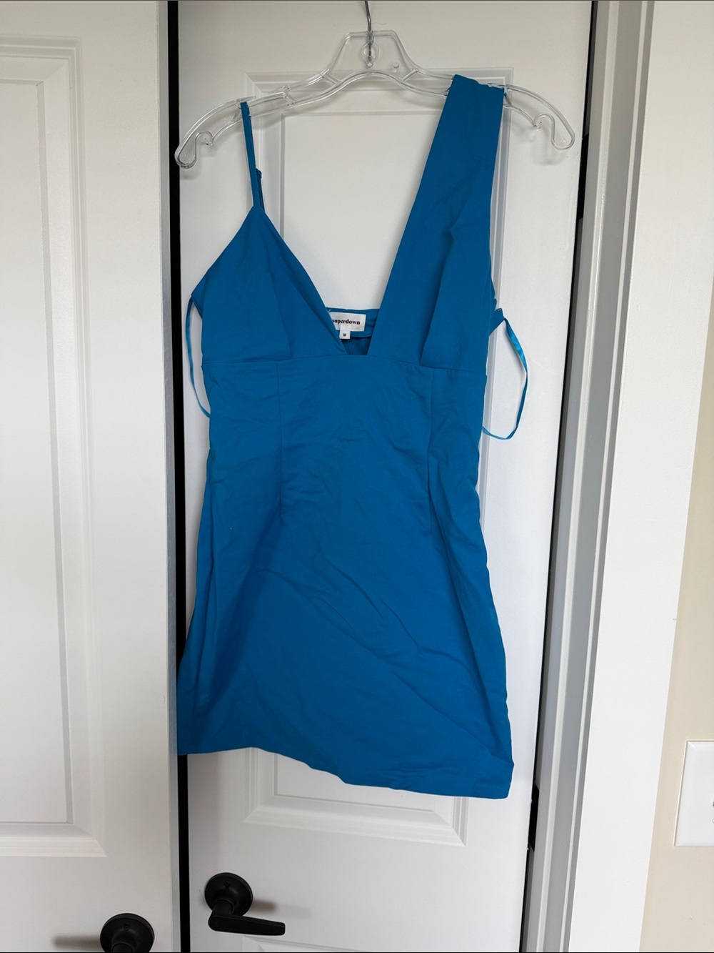 Blue Women's V-Neck Asymmetric Strap Dress